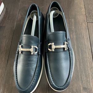 Ferragamo navy men’s loafers with white platform. Size 11.5